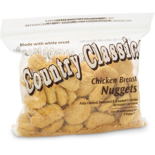 Frozen. Fully cooked, seasoned breaded cutlettes. Low in saturated fat and 0 trans fat. Made with white meat. Convenient resealable bag. 48 nuggets or more.