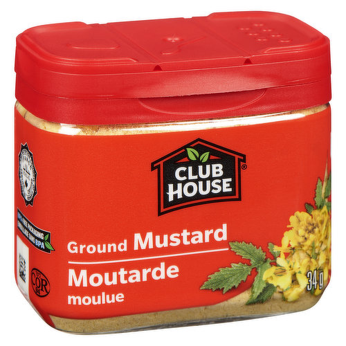 Club house ground mustard is The ground flour of the perennial, yellow mustard seed Brassica hirta Moench. A hot, sharp taste; one of the few spices that is grown in Canada.