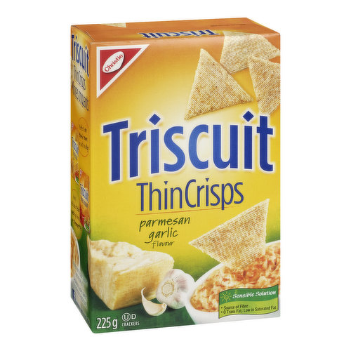 Triscuit Thin Crisps crackers are a great snack with a bold crunch, with unique flavour of Parmesan garlic that will revolutionise the way you snack.