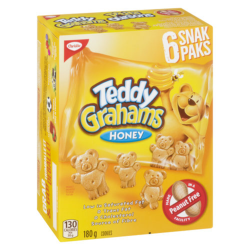 Perfect snack for your little one! Peanut free. Low in saturated fat. 0 trans fat & cholesterol. Source of fibre. 6 snack packs. Baked with whole grain.Take negotiations out of snack time with Mr. Christies Teddy Grahams Honey Snak Pak Cookies! Teddy Grahams Cookies are a delicious snack that not only delivers a source of fiber and whole grain, it is also peanut free and portion packed, making it the ideal wholesome snack for at home, at school or on the go!