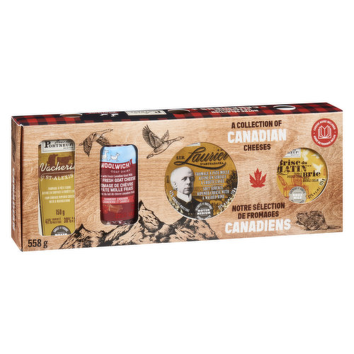 A collection of Canadian Cheese. Includes Woolwich Soft Goat Cheese Cranberry Cinnamon, Alexis de Portneuf Sir Laurier Soft Ripened Cheese, Alexis de Portneuf Brise du Matin Double Cream Brie & Alexis de Portneuf Vacherin Firm Ripened Cheese. Perfect for all occations.