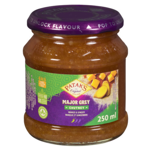 Major Grey Chutney is a mild and delicate blend of mangoes, spices, and a hint of ginger. It pairs wonderfully with cheeses, used with chicken on the grill, as a dip with your favourite veggies, or simply as a curry side.