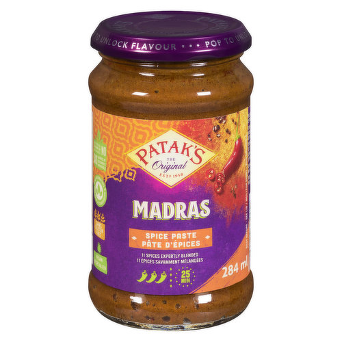 Madras Spice Paste is a complex blend of 11 freshly ground spices, providing a delicious base for an authentic Indian Madras curry dish.