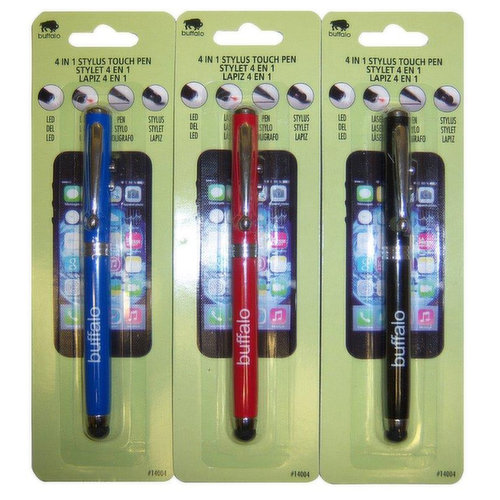 The perfect accessory with 4 functions in one unit: ballpoint pen, LED light, laser pointer & stylus tip for smart phone use.  Please specify the color you prefer in cart notes.