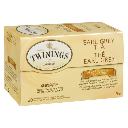 Naturally decaffeinated fine light strength black tea  perfectly balanced with the distinctive flavor of bergamot  and citrus fruit.