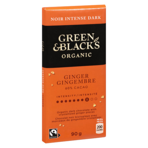 GREEN & BLACK'S - Organic 60% Cacao Dark Chocolate Bar - Ginger