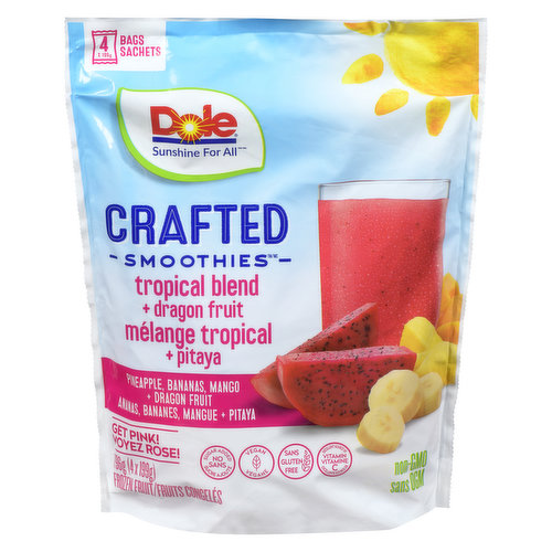 Delicious tropical flavours of pineapple, bananas & mango with the superfood dragon fruit. Get pink with a smoothie that tastes great & is packed with nutrients. Contains no added sugars, is non-GMO, completely vegan, gluten-free, is high in vitamin C, & ready to blend  simply add your favourite liquid!