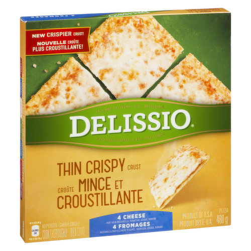 Pizza covered in a delicious blend of 4 cheese toppings  part-skim mozzarella, parmesan, asiago, and romano  all on top of a thin, extra-crispy crust.