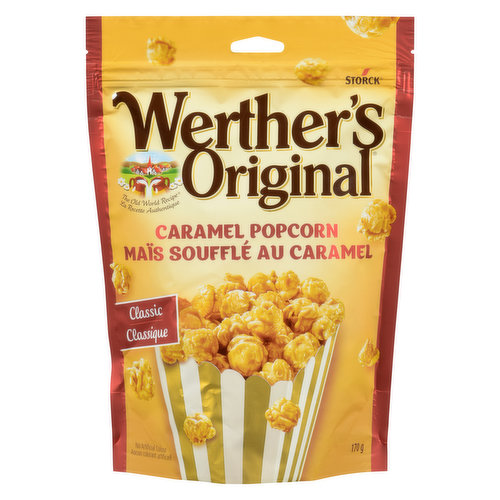 Light and crunchy popcorn covered in deliciously sweet caramel.Made with real butter and fresh cream. No artificial colours.