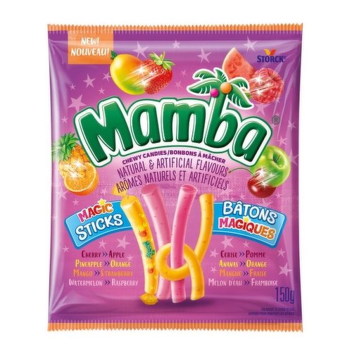 The juicy, fruity flavors you know and love are now in brand-new Mamba Magic Sticks. This new peg bag is full of fruity magic and features a new Mamba-licious recipe in a new shape. Experience two flavors in one stick!
