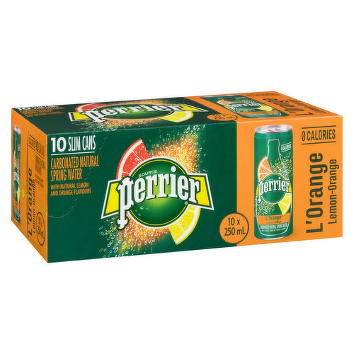 10x250ml Slim Cans. Carbonated Natural Spring Water with Natural Lemon and Orange Flavours.