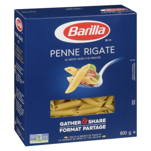 One of the most famous Italian pasta shapes and loved across Italy. Try penne rigate with chunkier meat or vegetable sauces. Al dente in 11-12 minutes. Non-GMO. Italy's #1 brand of pasta!