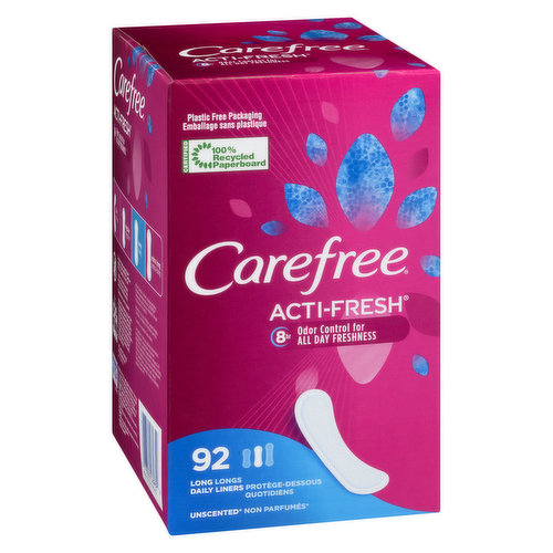 Designed to deliver freshness throughout your day, with an 8 hour odor control ingredient and a super thin and absorbent core. 92 Pack of long unscented liners.