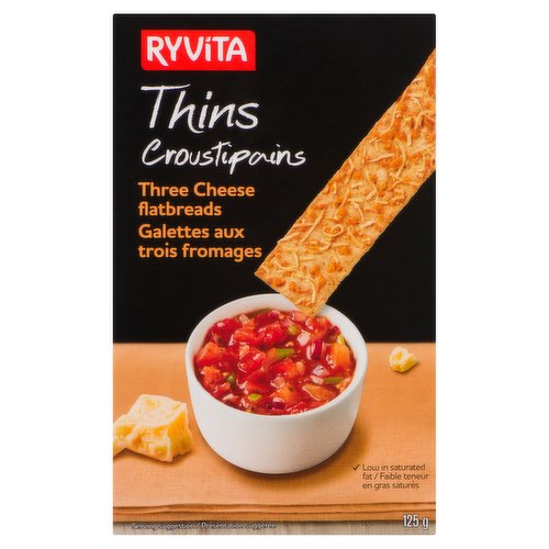 Really crispy Three Cheese Ryvita Thins have 90 calories per serving and are fantastic with just about any dip.Wheat & rye flatbreads with cheddar, emmental & regato cheeses