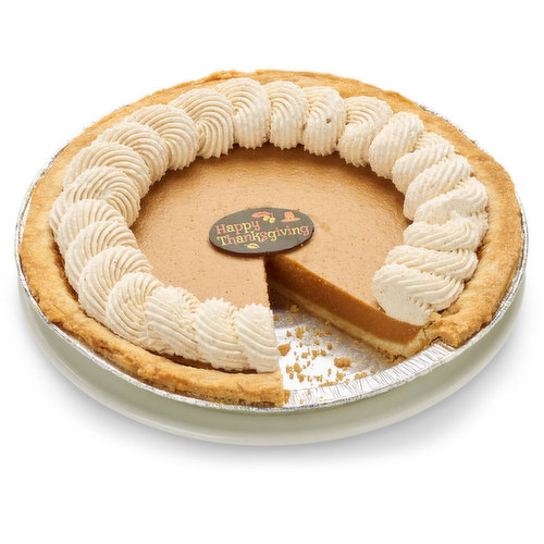 Embrace fall with this seasonal delight, a perfect combination of flavour and texture in a hand crafted double baked crust filled with rich, creamy and perfectly spiced pumpkin filling. With real whip cream. 9in pie.