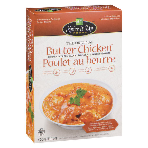 Frozen Chicken in Cream Sauce. Ready in 6 Minutes, Serves 2. No Preservatives, No Artificial Flavour or Colour and Gluten Free.