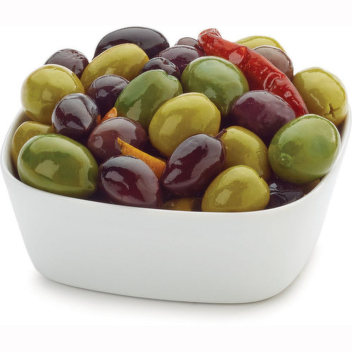 Assorted olives, packaged fresh. Choose from Average Weight per Container: Small - 250g, Med - 400g, Large - 625g.