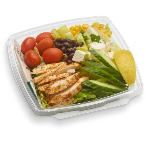 Made Daily. Romaine, Chicken, Lemon Wedge, Grape Tomatoes, Black Beans, Corn, Feta, Cucumber.Get a Free Euro Salad Dressing (44 mL) with each Salad Purchase. Choose from a select variety and add to cart. Limit of one free dressing per salad. Free Discount is applied at Final Receipt.