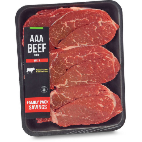 Cut From AAA Western Canadian Beef. Aged Min. 14 Days, Guaranteed Tender, Fresh, Super Warehouse Pack. Grain Fed Beef. Average Weight of Each Package May Vary.
