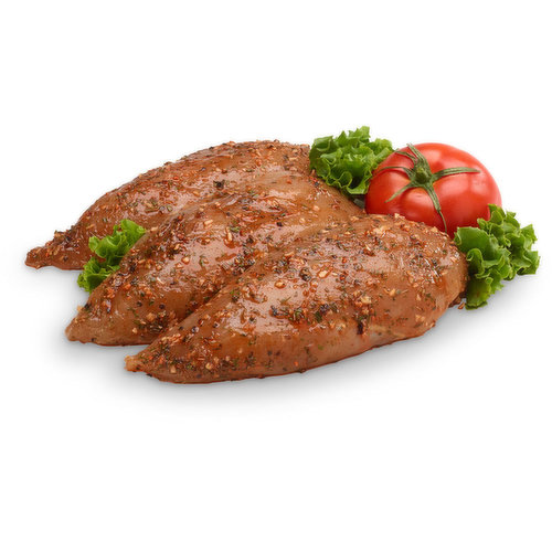 Mediterranean style seasoning. Fresh from our service case. Estimated weight 185g/chicken breast. Available online only