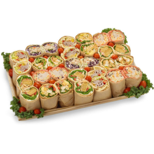 48 hour prep time required. Features thai chicken peanut , chipotle beer,curry chicken salad,chicken caesar and mesquite turkey.May contain mayo, mustard, and cheeses. For any allergy concerns please contact store directly before ordering.