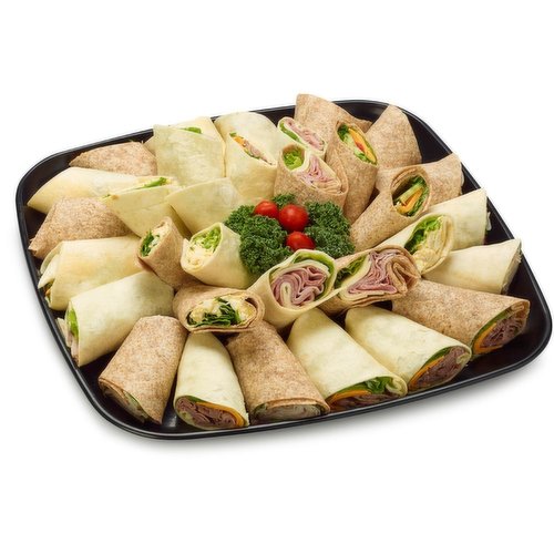 48 hour prep time required for trays. Limit 10 per order. A delicious assortment of freshly prepared wraps including ham & swiss, roast beef & cheddar, turkey with cranberry sauce, egg salad and vegetarian.