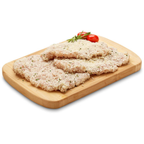 Panko and Parmesan Breaded Chicken Breast Schnitzel. Raised Without Antibiotics. Average weight per package, 250 Gram