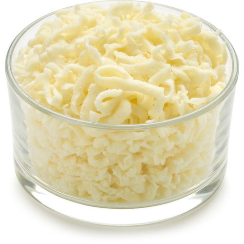 Shredded Mozzarella Cheese in a Plastic Container Stock Photo