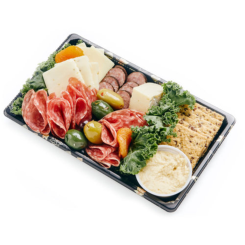 A delicious assortment of popular salami, cheese and mixed olives served with dried apricots, hummus and crackers.24 hours lead time required to prepare trays. Minimum 4 per order.