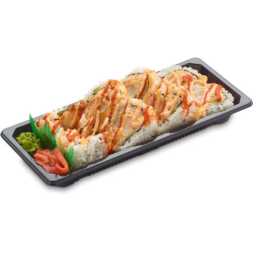 Sushi rice rolled with fresh avocado, tempura prawns and spicy imitation crab mix topped with roasted sesame seeds, spicy mayo and sriracha. Made fresh instore daily.