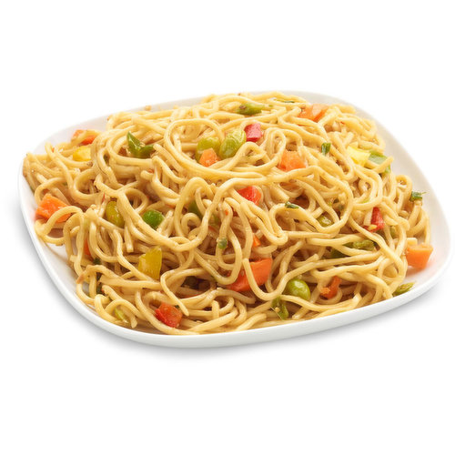 Asian style noodles, bell peppers, edamame beans, carrot, green onion and garlic in a hoisin sauce with sesame seeds. Packaged Fresh. Choose from Ave Weight per Container: Sm - 250g, Med - 400g, Large - 625g.