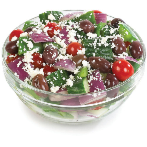 Packaged Fresh Tossed with Feta & Goat Cheese, Kalamata Olives. Choose from Average Weight per Container: Small - 250g, Med - 400g, Large - 625g.