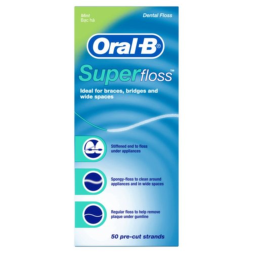 Dental Floss. Ideal For Braces, Bridges and Wide Spaces. Stiffened End to Floss Under Appliances.