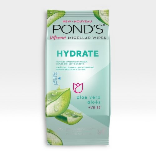 Infused with botanical ingredients and a blend of vitamins, Ponds Hydrate Vitamin Micellar Wipes instantly lift away tough makeup, dirt and impurities. These ultra-soft, textured cleansing wipes work with micellar water and aloe vera leaving skin hydrated, soft and smooth.