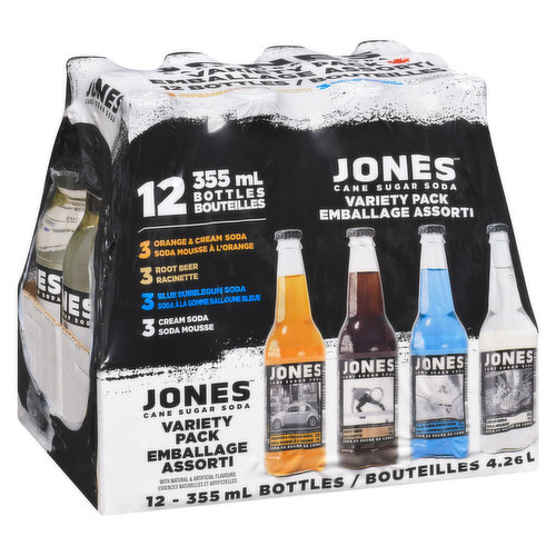 Can't decide which Jones Soda flavour to choose? This Jones Assorted Flavour Cane Sugar Craft Soda 12 Pack has you covered. Treat your tastebuds to four fan favourites: Root Beer, Orange & Cream, Cream Soda and Blue Bubblegum. These delicious craft sodas are designed to tempt your sweet tooth with cane sugar and delicious flavours that will leave you wanting more. Available in a convenient 12-pack, this varied assortment of Jones pop contains plenty of refreshingly fun soft drinks for sharing with friends (or you can keep them all for yourself, we won't judge).<br /><br />Jones Soda is best served chilled.