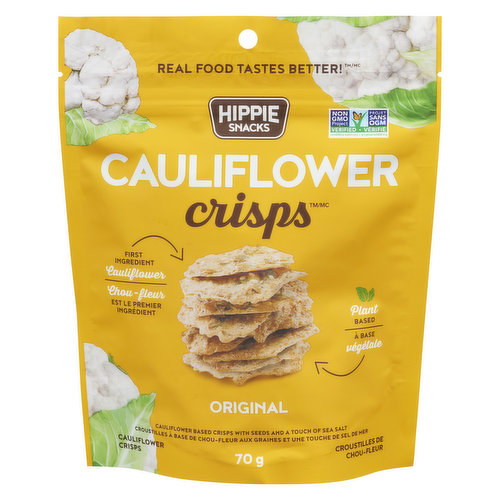 Seasoned with sea salt, seeds & herbs, these crisps give you all the roasted cauliflower flavor you crave, with the crunch you deserve. Plant-Based. Non-GMO. Gluten Free. 5g of Protein per Serving.