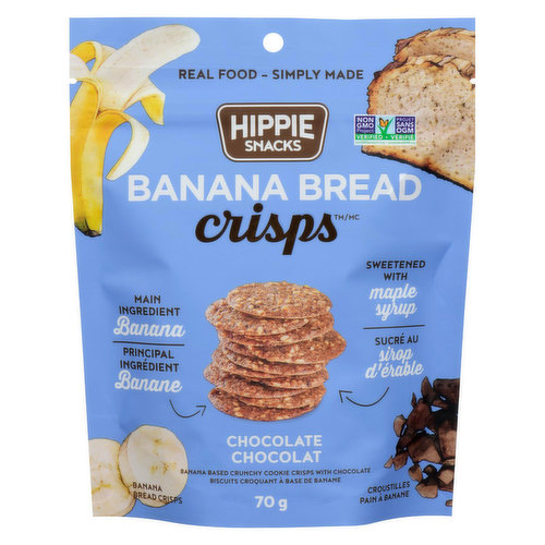 Banana based crunchy cookie crisps with chocolate. Sweetened with maple syrup. Non-GMO.