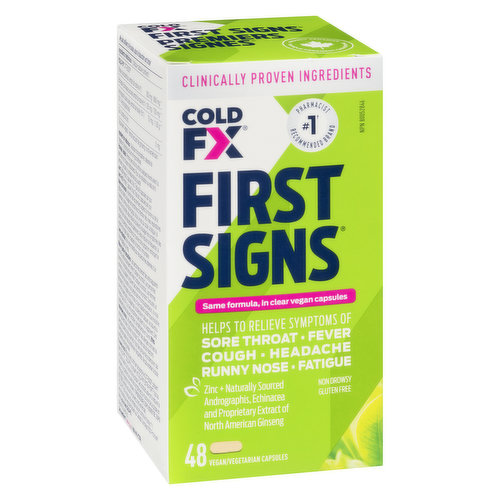 Natural Sources. With Immune Boosting & Symptom Relief. Cold FX with Echinacea, Andrographis and Zinc. Helps to Relieve the Symptoms of: Sore Throat, Coughing, Running Nose, Fatigue, Fever & Headache.
