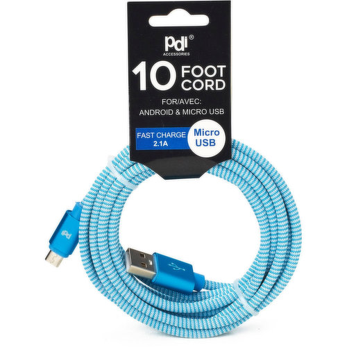 10 foot cord. For android & micro USB. Fast charge 2.1A.