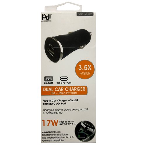 Plug-in Car Charger with USB and USB C-PD Port. 17W. Compatible with smartphones and tablets.