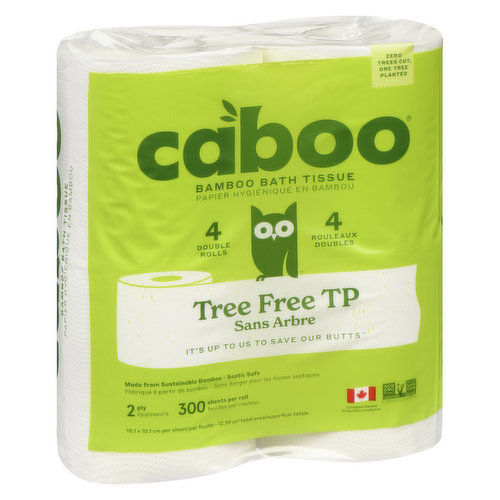 Tree free bathroom tissue made from 100% bamboo & sugarcane pulp. With the strength of bamboo & the softness of sugarcane, Caboo is the sustainable alternative to tree-based products. Unscented 2-ply, 300 sheets  4 pack.