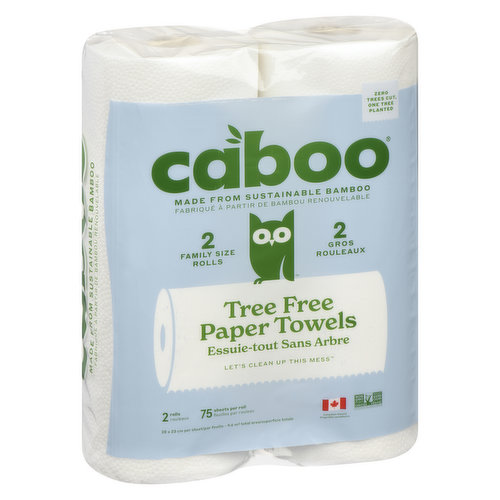 Tree free kitchen roll towels made from 100% bamboo & sugarcane pulp. With the strength of bamboo & the softness of sugarcane, Caboo is the sustainable alternative to tree-based products. Caboo kitchen roll towels are super-absorbent, durable & made to work effectively at cleaning up heavy spills, kitchen messes and all your cleaning needs. Strong 2-ply, 75 sheets  2 roll.