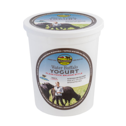 <em>Dietary Terms:</em><br>Gluten Free, Low Sodium, Nut Free, Wheat Free, Product of Canada, Grass Fed, Peanut Free, Tree Nut Free, Soy Free<br>Thick, creamy, water buffalo yogurt made with just two ingredients; milk from grass fed water buffalo and active bacterial culture.