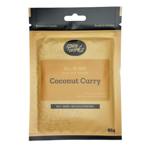 <em>Dietary Terms:</em><br>Gluten Free, Dairy Free, Vegan, Nut Free, Wheat Free, Product of Canada, Product of B.C., Vegetarian, Peanut Free, Tree Nut Free, Soy Free<br>Prepare an authentic Coconut Curry in just minutes. Simply add water & coconut milk, simmer. Delicious with chicken, vegetables, seafood. Use the enclosed sachet to season your protein. Makes enough sauce for 4 to 6 servings.