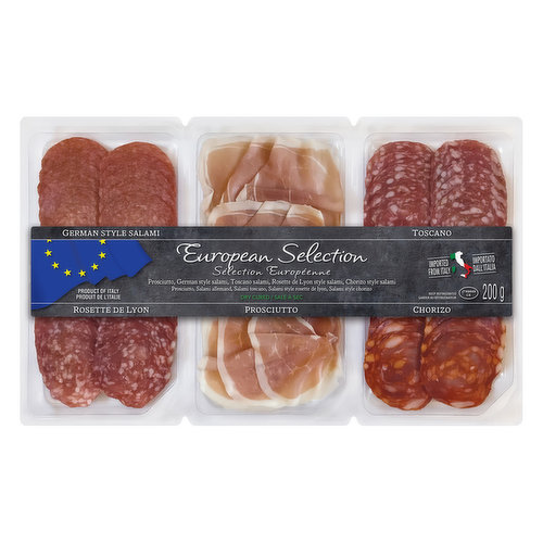 Selection of European dry cured meats imported from Italy. German Style Salami, Toscano, Rosette De Lyon, Prosciutto and Chorizo.