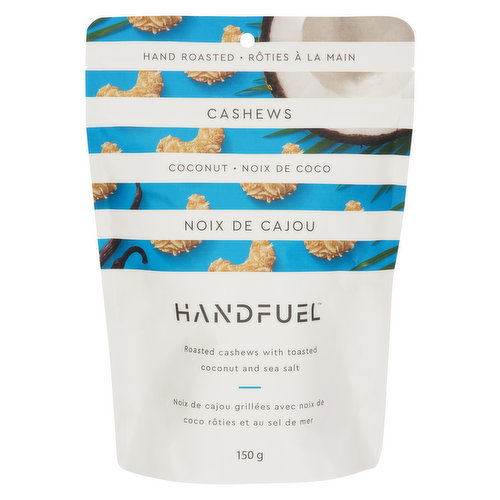 Hand roasted cashews with toasted coconut & sea salt. Made from quality sourced ingredients with 100% natural flavours, low in sodium, no refined sugars or sulfites, non-GMO, and gluten-free.