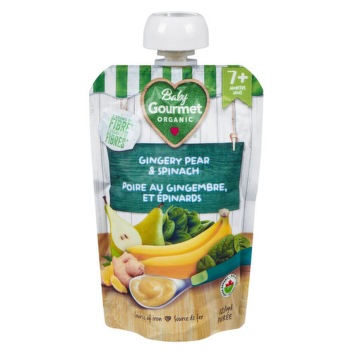 Spinach and ginger are the heroes in this refreshing, smoothie inspired recipe. Babies will love the complex flavour profile and mom will love the nutrients! Easy squeeze pouch. 8 Months+