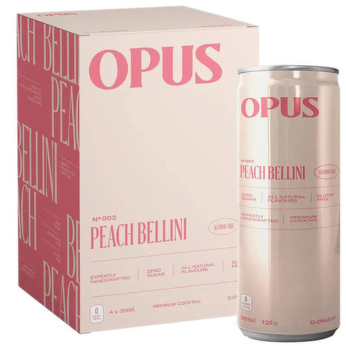 OPUS is Canada's 1st sugar free non-alcoholic cocktail, expertly handcrafted with all natural flavours. Made in North Vancouver, BC, their award-winning beverages (that's right- a silver medal at the 2021 San Diego Spirits Festival) feature no preservatives, zero sugar & calories, and are gluten-free. This Bellini is made with smooth notes of fresh peaches combined with handcradted aromatic bitters, real spices, herbs and alcohol free sparkling Prosecco.