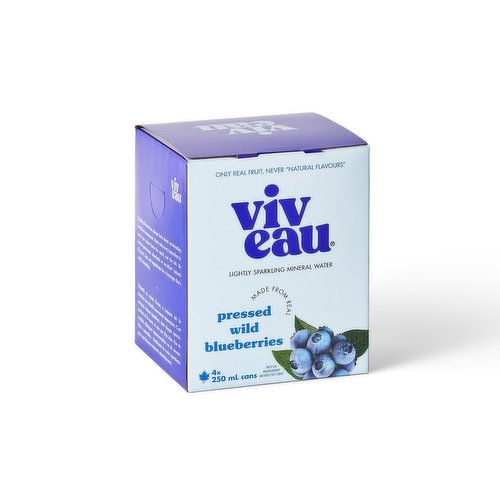 Crushable by nature, wild blueberry isnt afraid of showing its true colours. Made from real blueberries, naturally sweet & full of real flavour, youll go wild for wild blueberry Viveau. Part of the real food movement. Mineral rich water source. No sugar added. 100% Canadian.