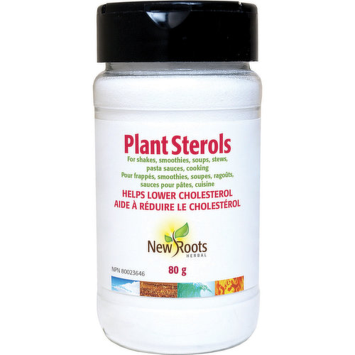 <em>Dietary Terms:</em><br>Gluten Free, Dairy Free, Wheat Free, Product of Canada, Vegetarian<br>New Roots Herbal Plant Sterols are a non-GMO source of beneficial plant sterols in a convenient 80-gram shaker. Plant sterols form the cell walls of plants and are similar in molecular structure and function to cholesterol. Plant sterols actively compete with their animal-cruising cholesterol cousins for absorption sites within the intestines and block their absorption. Supplementation with 2?g per day can result in a reduction in harmful LDL-cholesterol of up to 15%, according to research conducted by the Richardson Center for Functional Foods and Nutraceuticals of the University of Manitoba. <br>Virtually any food or beverage can be made functional with the addition of New Roots Herbal Plant Sterols.